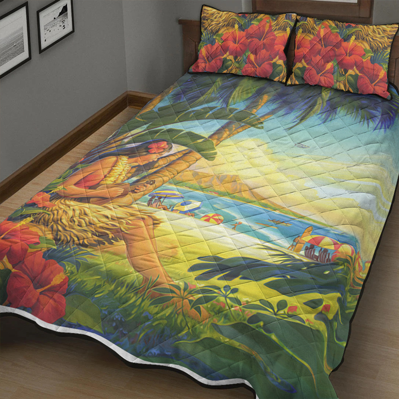 Hawaii Quilt Bed Set Hula Girl Hola Beach