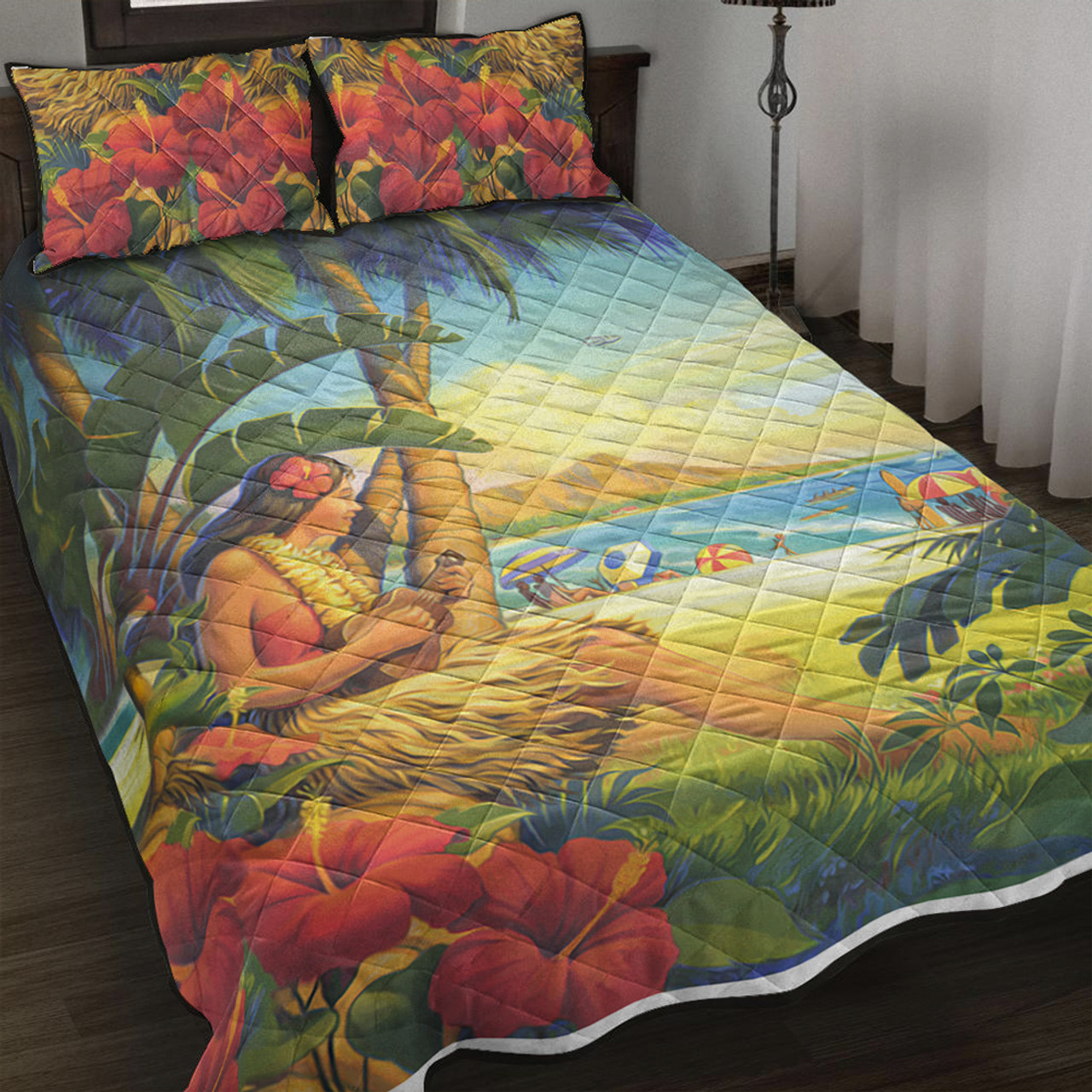 Hawaii Quilt Bed Set Hula Girl Hola Beach