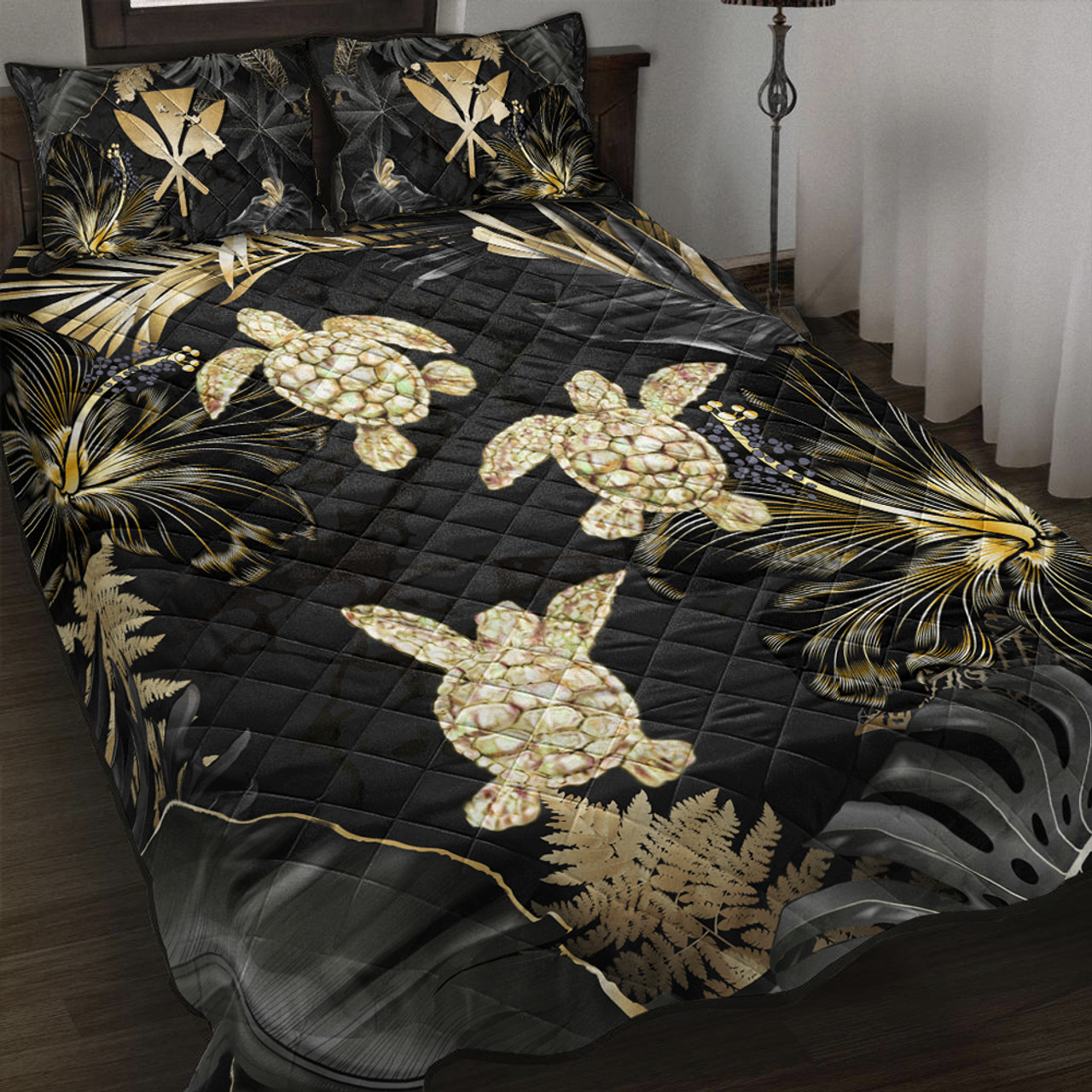 Hawaii Quilt Bed Set Kanaka Maoli Golden Tropical Turtle