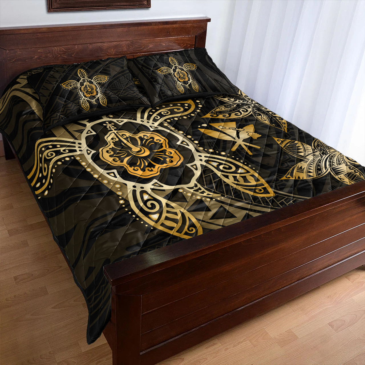 Hawaii Quilt Bed Set Kanaka Maoli Map Hibiscus Plumeria Turtle Art Polynesian Gold