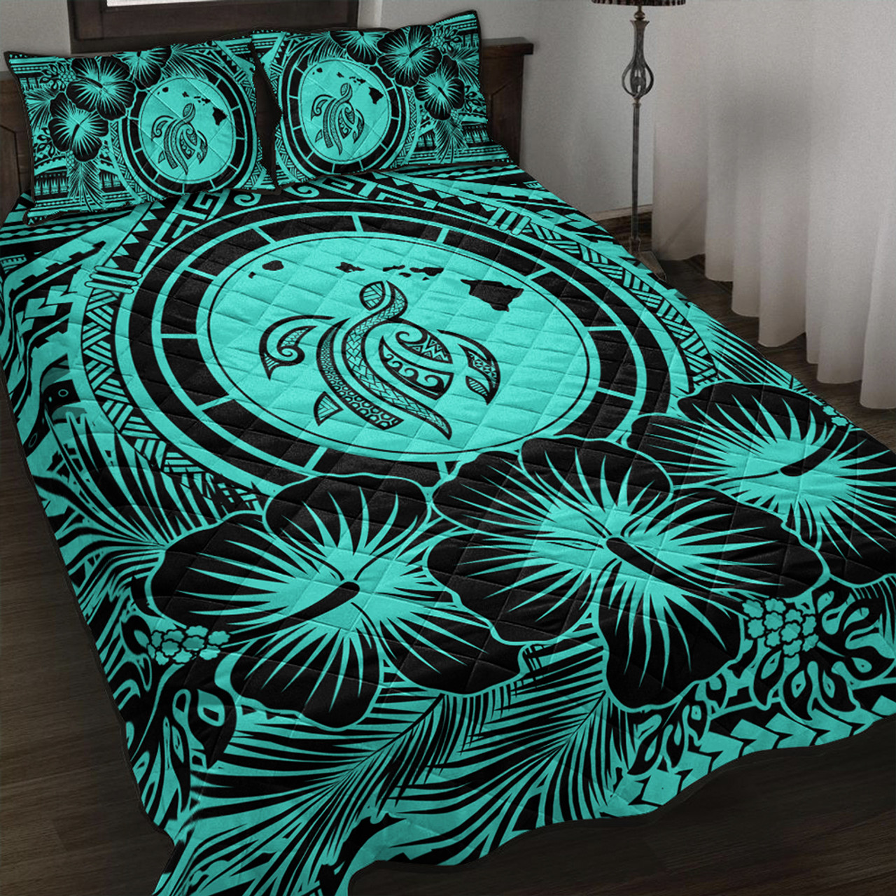 Hawaii Quilt Bed Set Map Honu Hibiscus Polynesian Turquoise   Hawaii Bedding Set Map Honu Hibiscus Polynesian Turquoise 4  19879.1668572782 