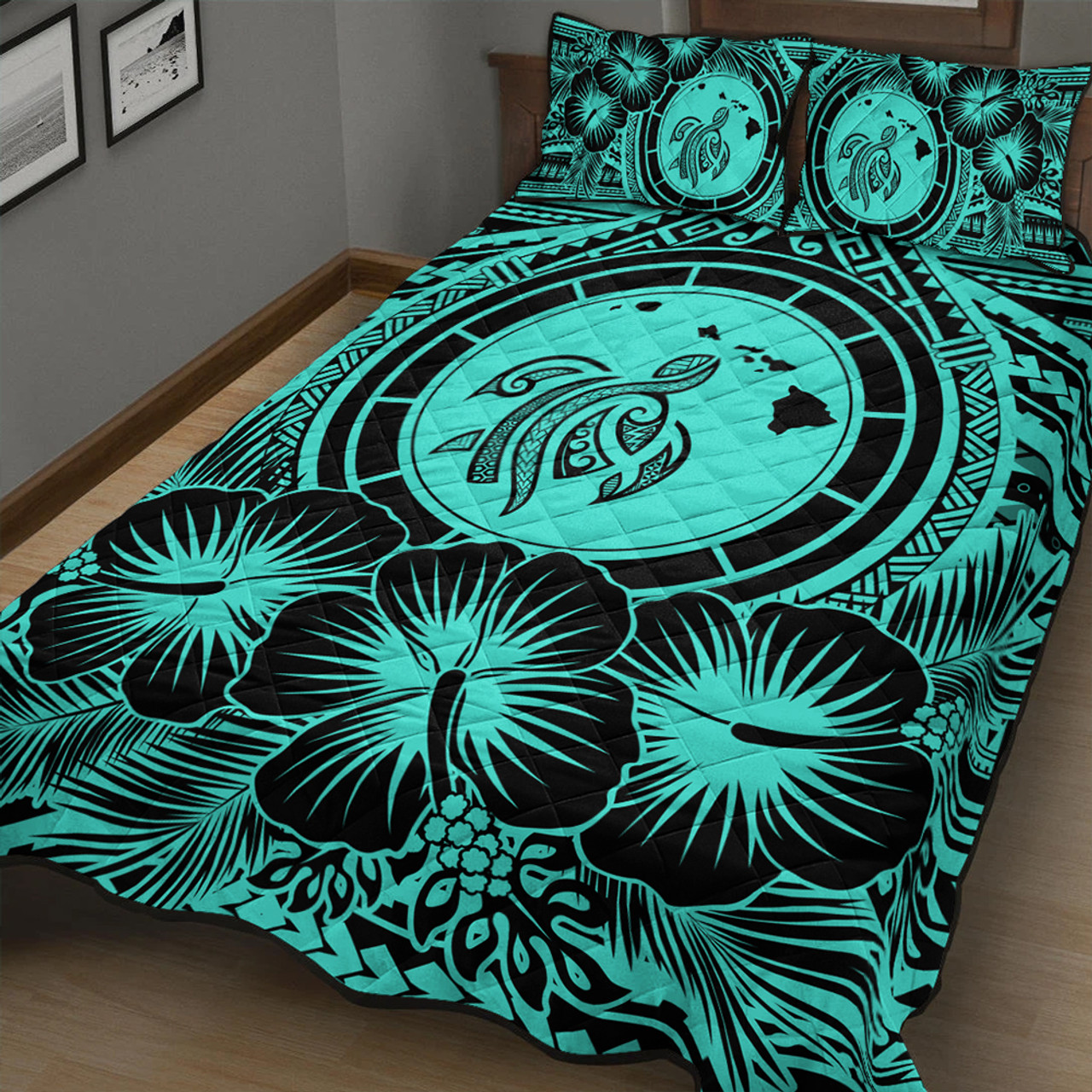 Hawaii Quilt Bed Set Map Honu Hibiscus Polynesian Turquoise