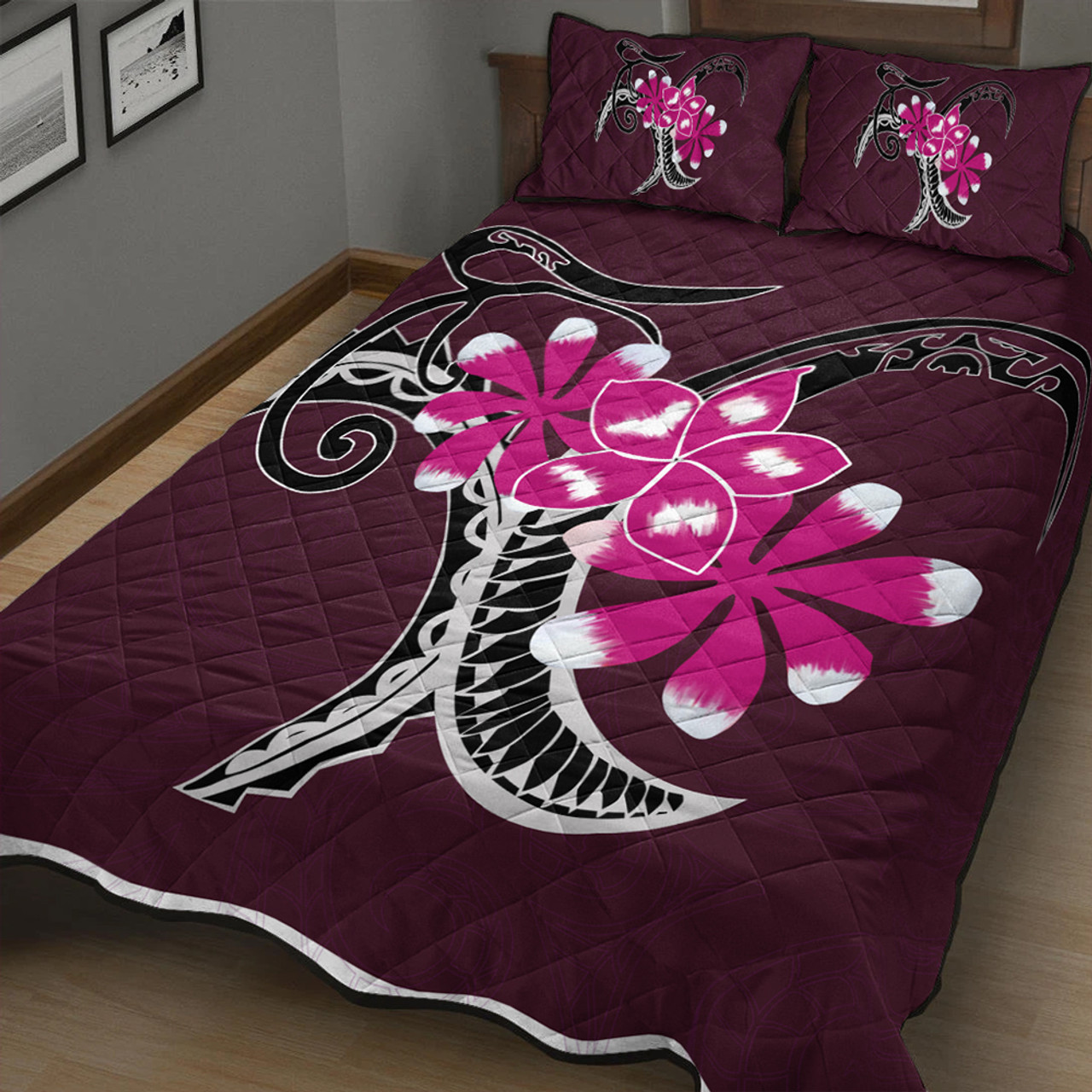 Hawaii Quilt Bed Set Plumeria Polynesia Pink