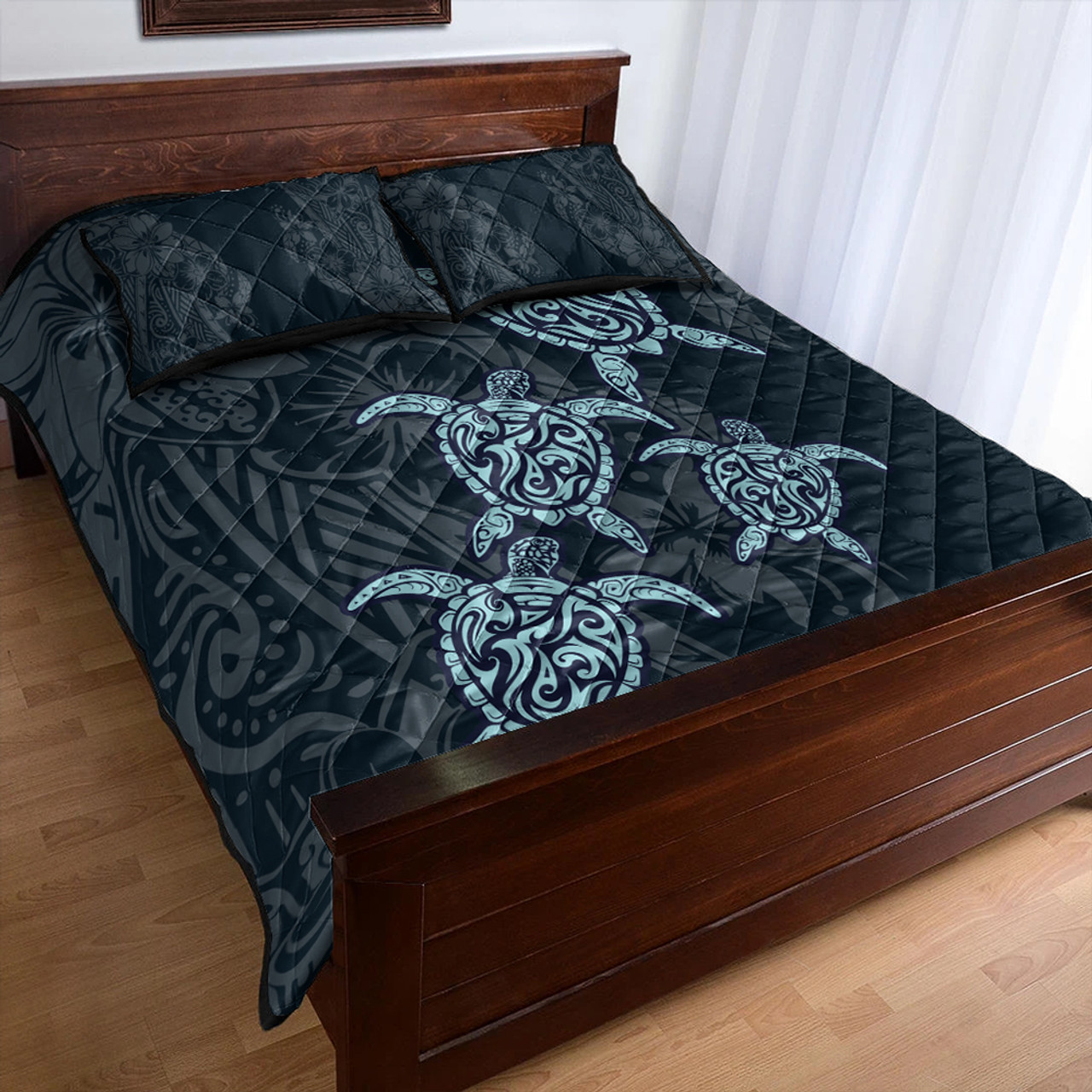 Hawaii Quilt Bed Set Plumeria Polynesian Deep Sea Turtle