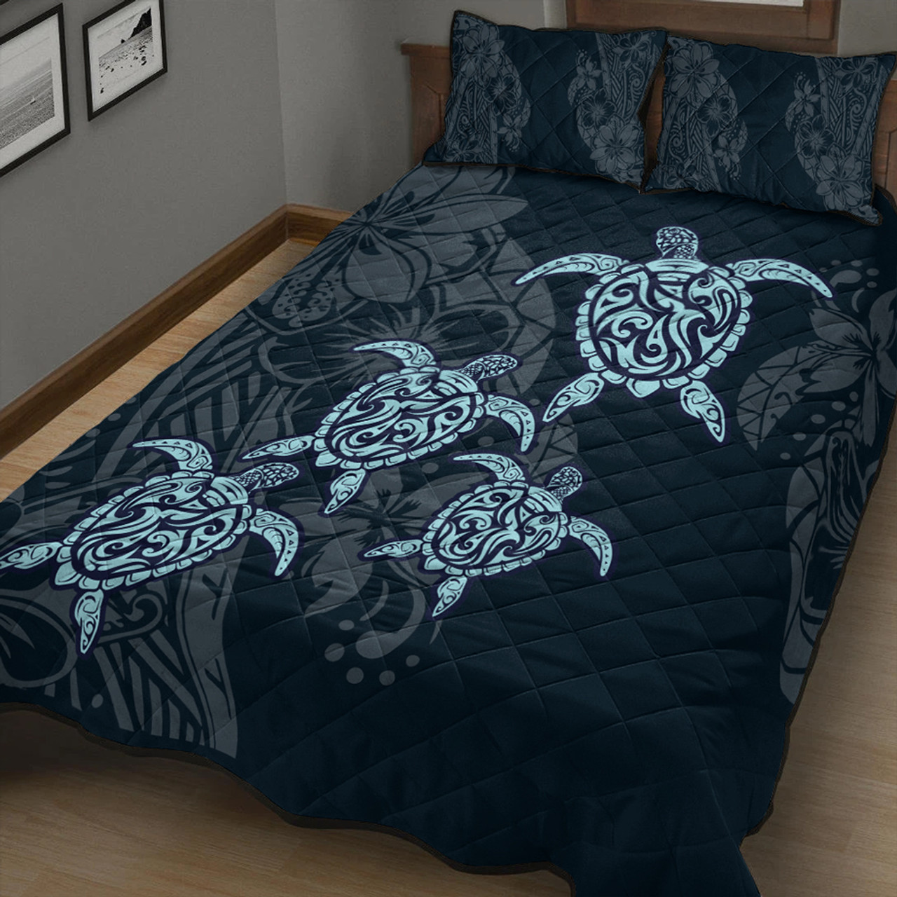 Hawaii Quilt Bed Set Plumeria Polynesian Deep Sea Turtle