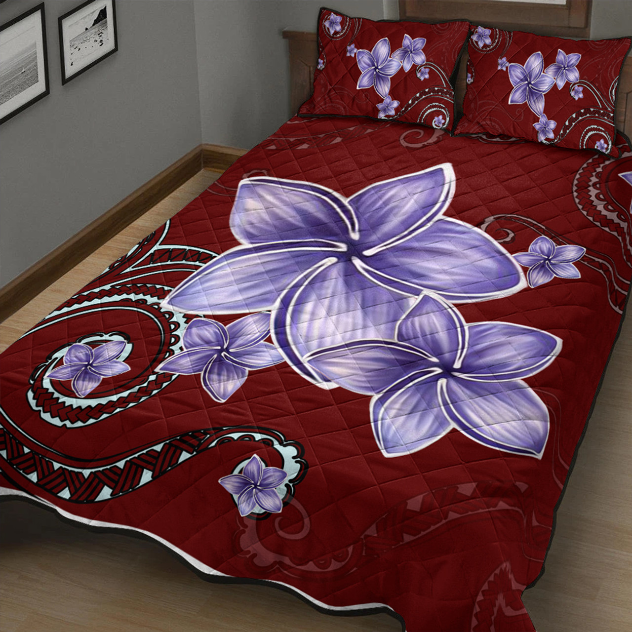 Hawaii Quilt Bed Set Plumeria Violet Polynesia Red