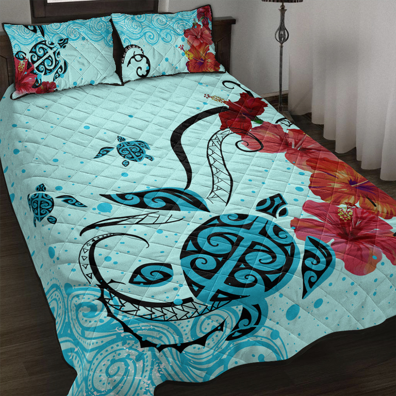 Hawaii Quilt Bed Set Sea Turtle Hibiscus