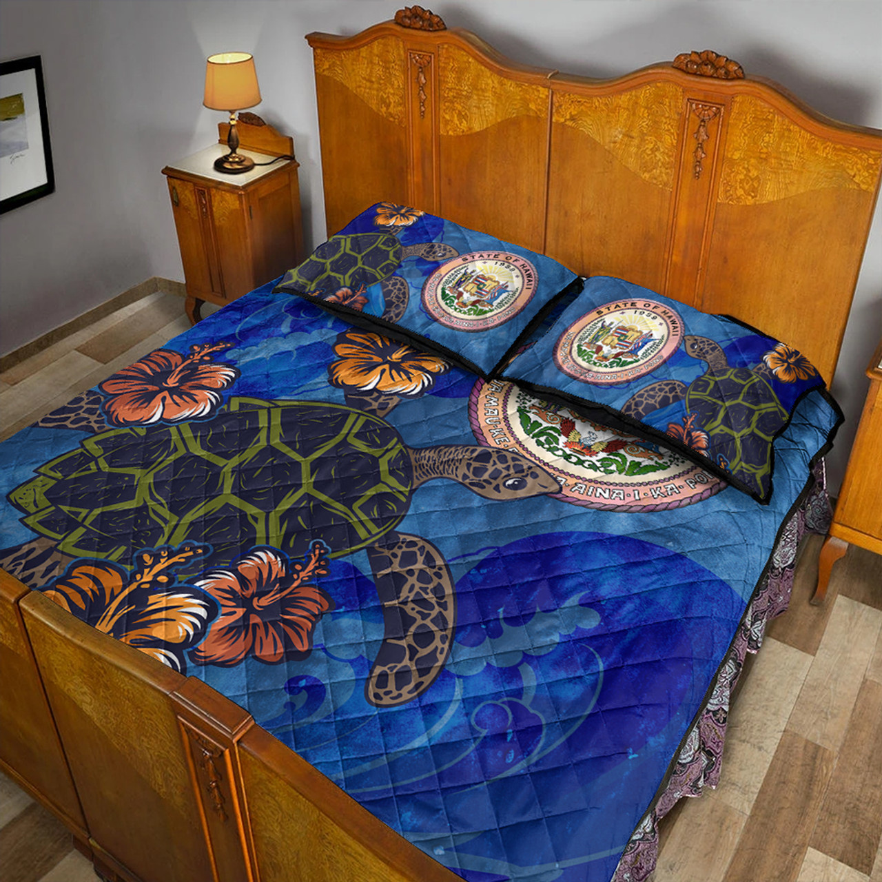 Hawaii Quilt Bed Set Seal Hibiscus Ocean Pin Light Turtle Sea