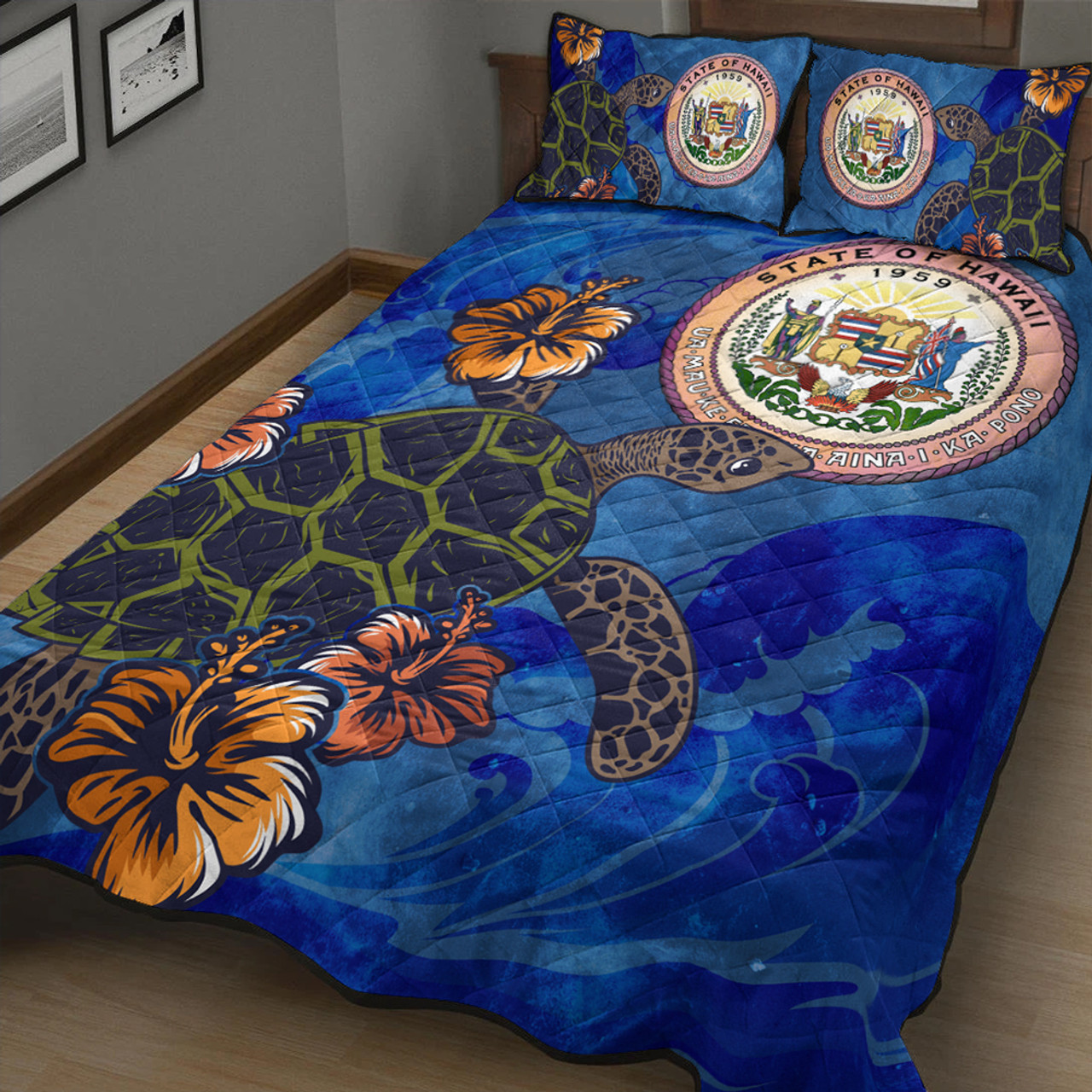 Hawaii Quilt Bed Set Seal Hibiscus Ocean Pin Light Turtle Sea