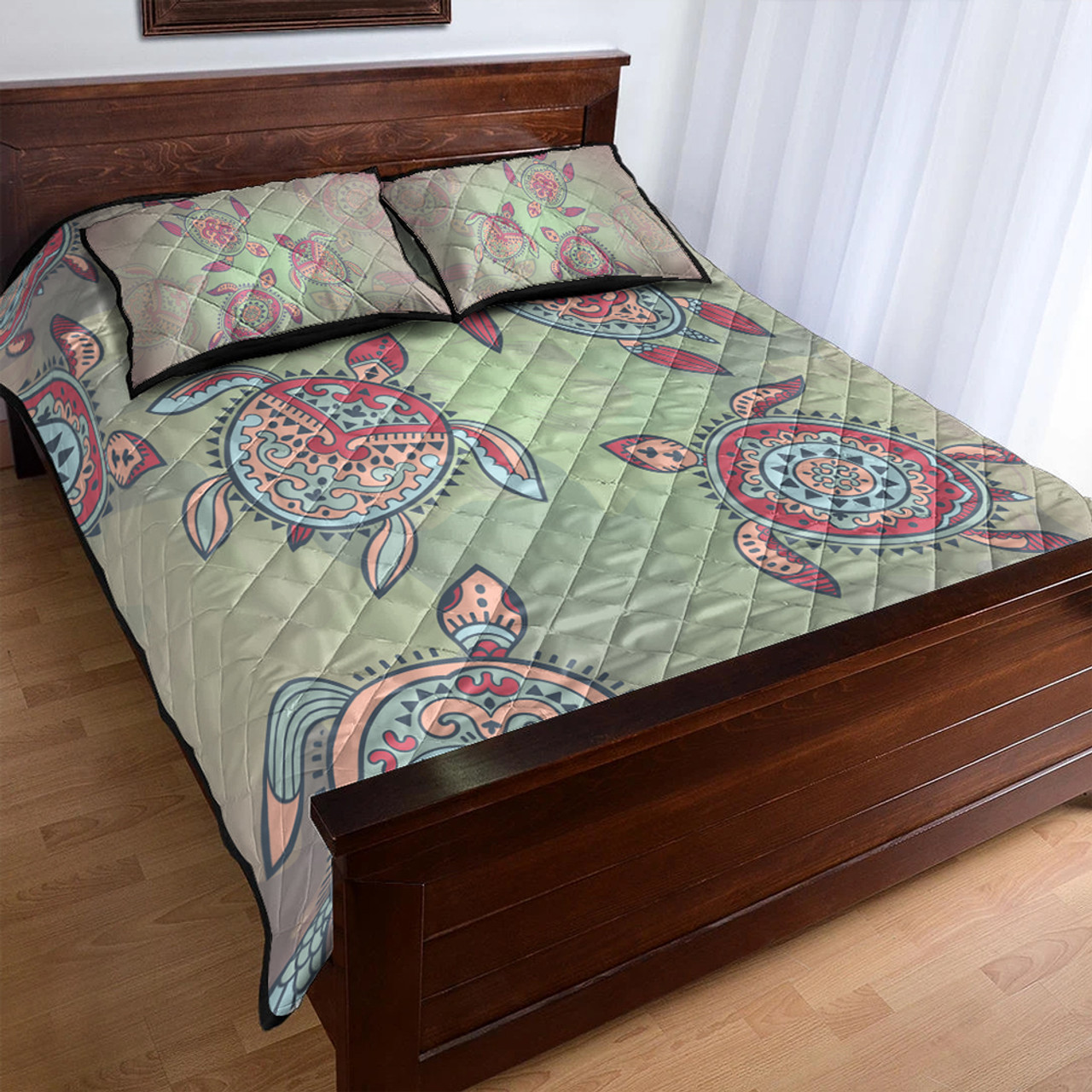 Hawaii Quilt Bed Set Turtle Colorful Hibiscus Background