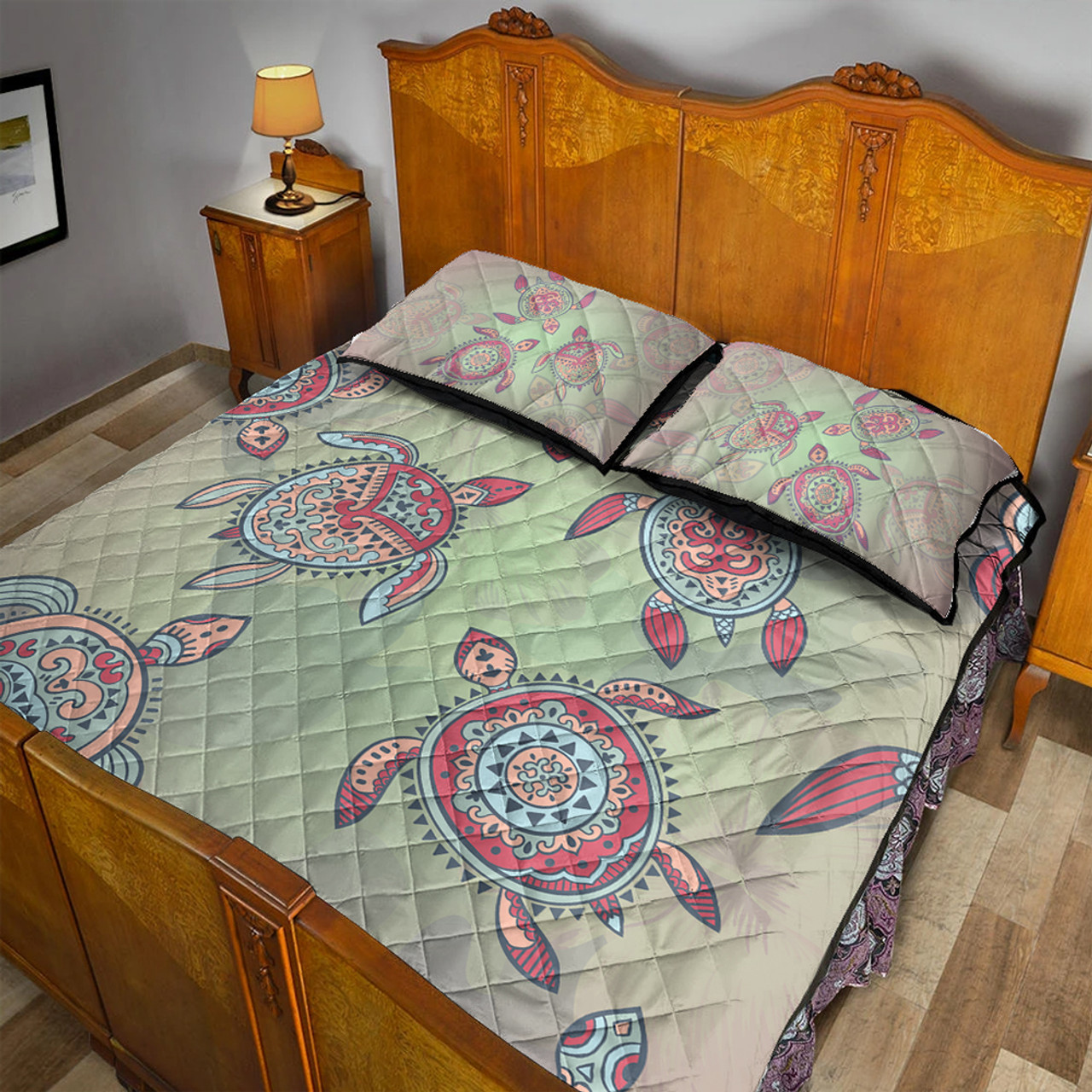 Hawaii Quilt Bed Set Turtle Colorful Hibiscus Background