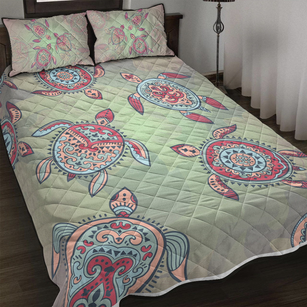 Hawaii Quilt Bed Set Turtle Colorful Hibiscus Background