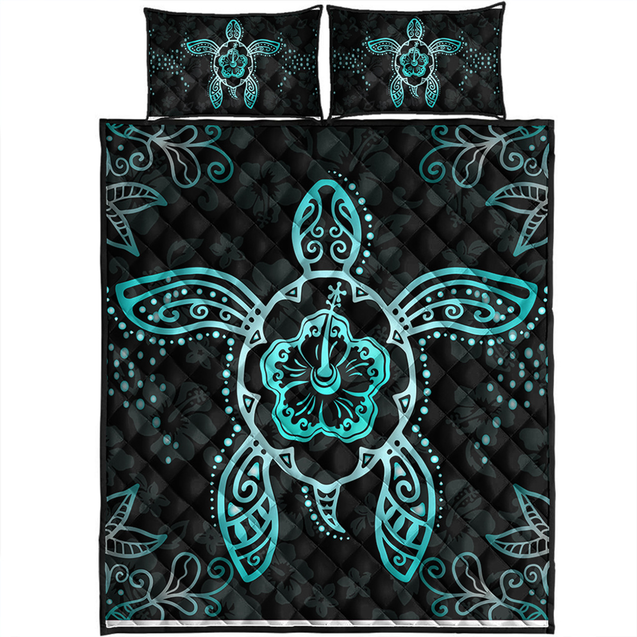 Hawaii Quilt Bed Set Turtle Hibiscus Blue