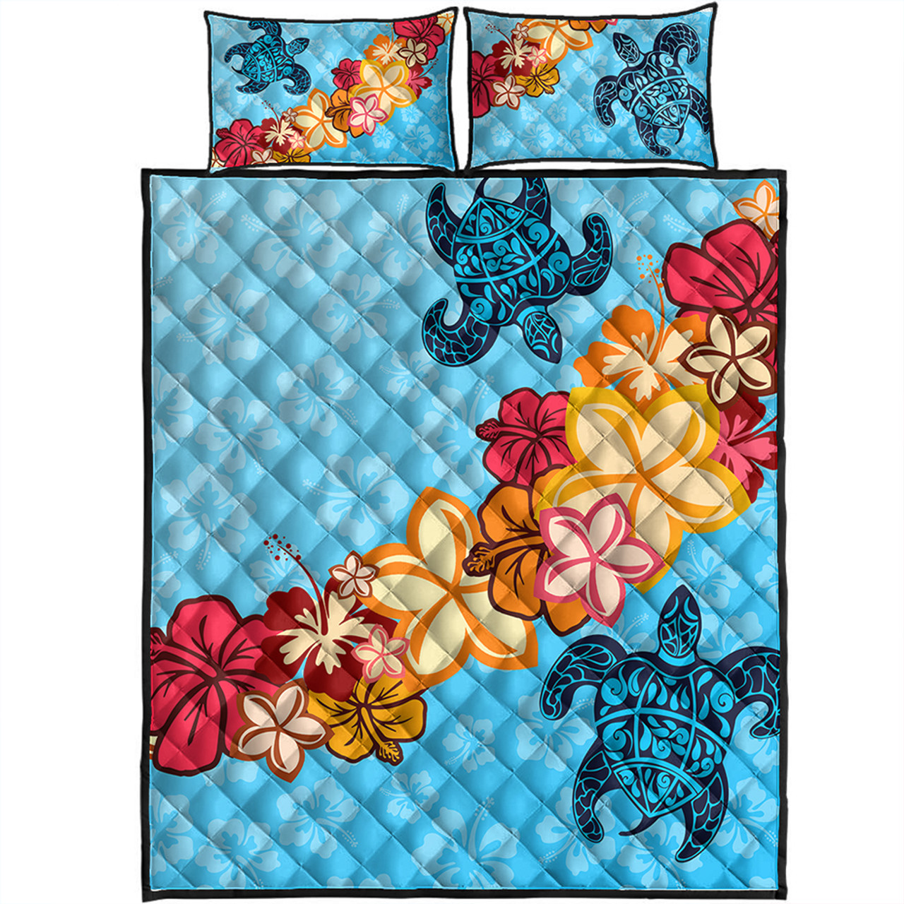 Hawaii Quilt Bed Set Turtle Hibiscus Pattern Blue