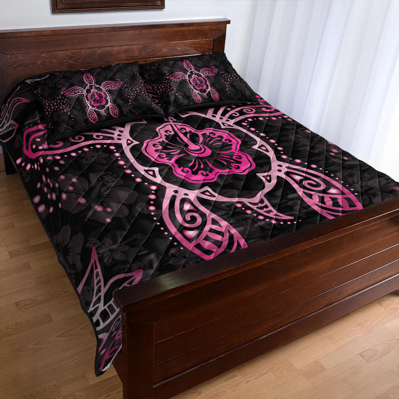 Hawaii Quilt Bed Set Turtle Hibiscus Pink