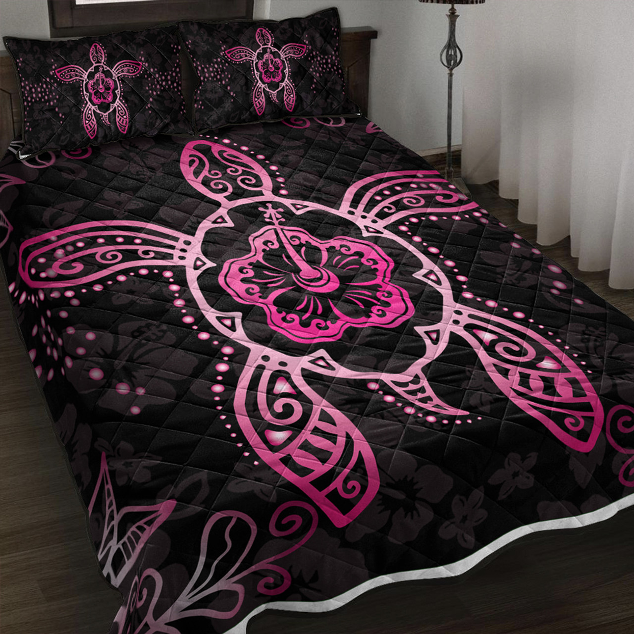 Hawaii Quilt Bed Set Turtle Hibiscus Pink