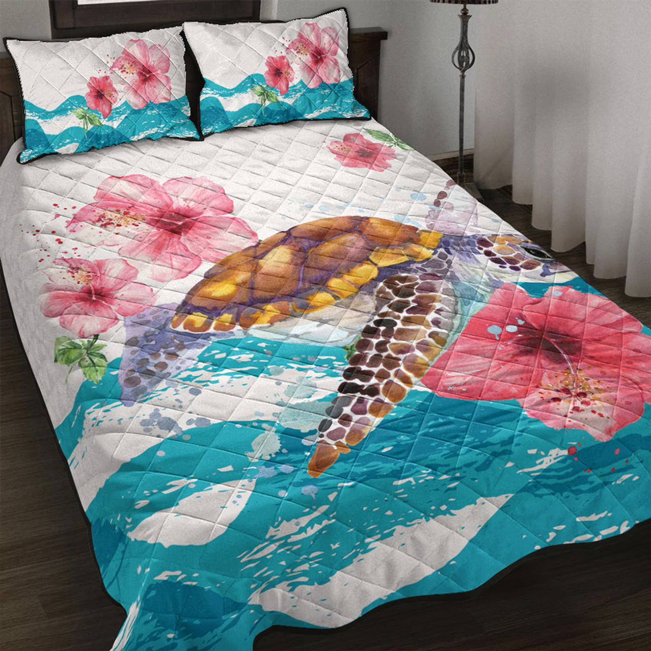Hawaii Quilt Bed Set Turtle Hibiscus Waves Polynesian