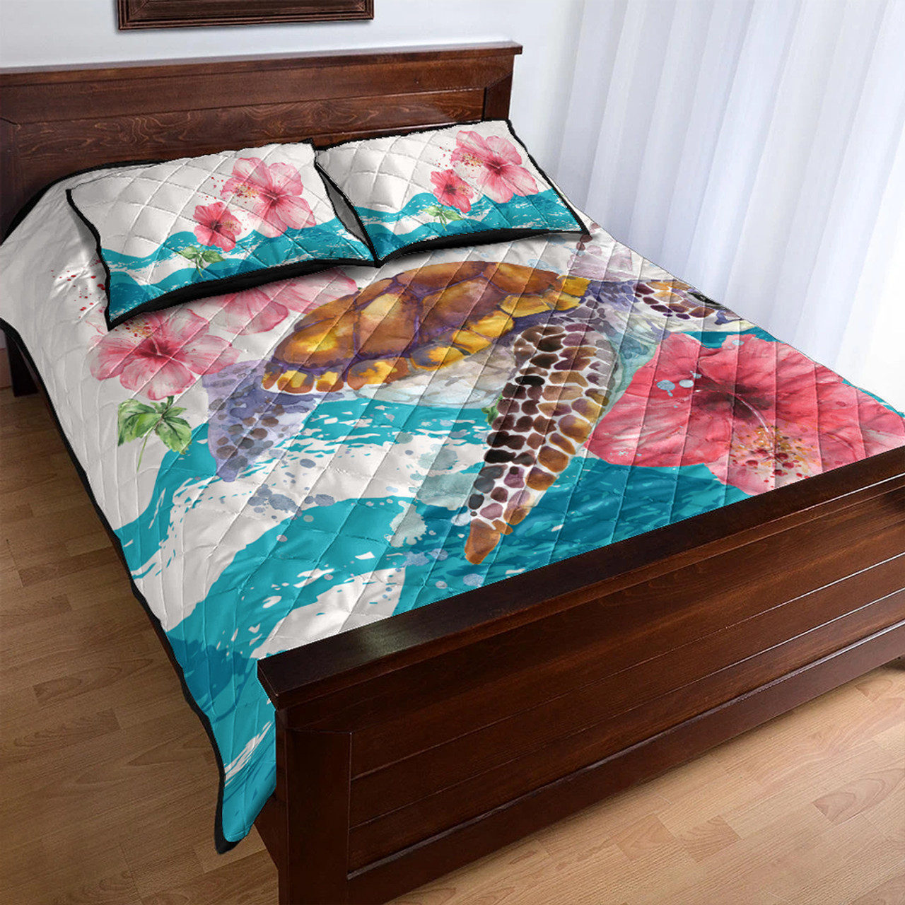 Hawaii Quilt Bed Set Turtle Hibiscus Waves Polynesian