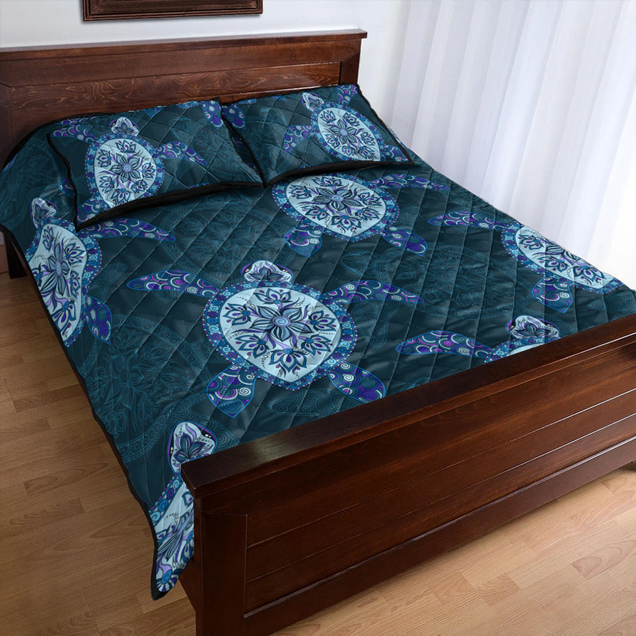 Hawaii Quilt Bed Set Turtle Plumeria Blue