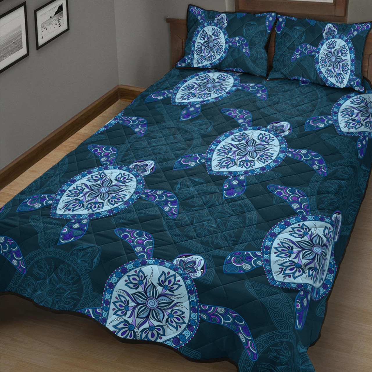 Hawaii Quilt Bed Set Turtle Plumeria Blue