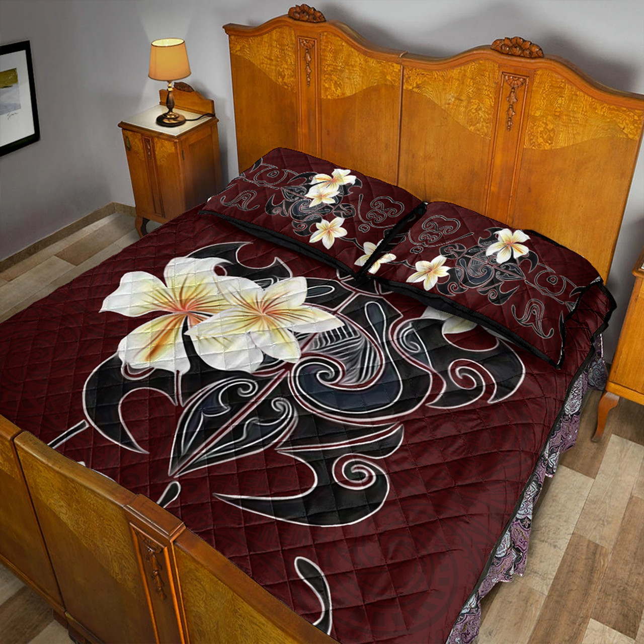 Hawaii Quilt Bed Set Turtle Poly Trinal Plumeria Red