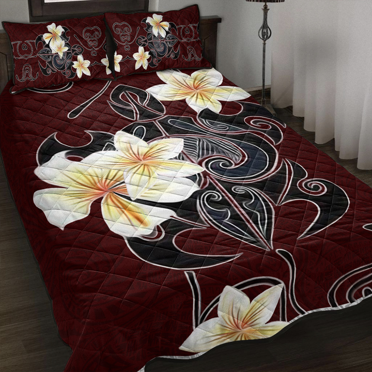 Hawaii Quilt Bed Set Turtle Poly Trinal Plumeria Red