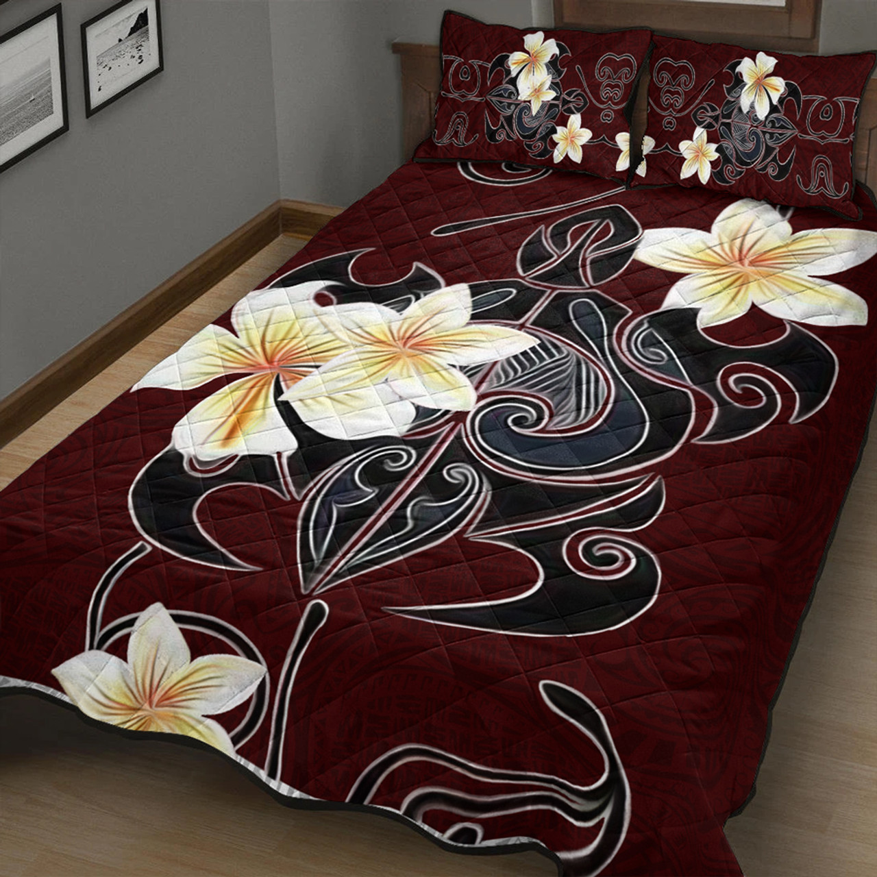 Hawaii Quilt Bed Set Turtle Poly Trinal Plumeria Red