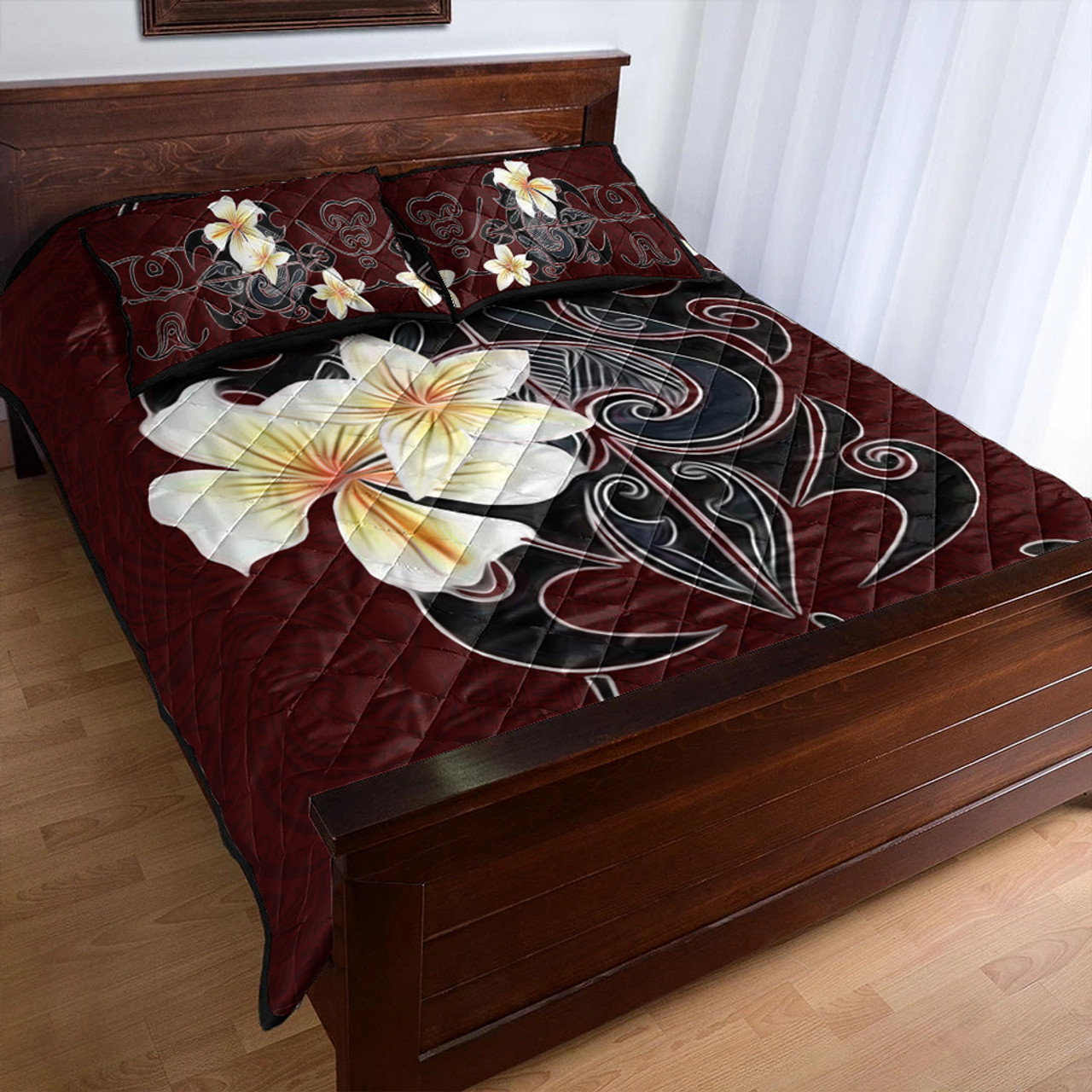 Hawaii Quilt Bed Set Turtle Poly Trinal Plumeria Red