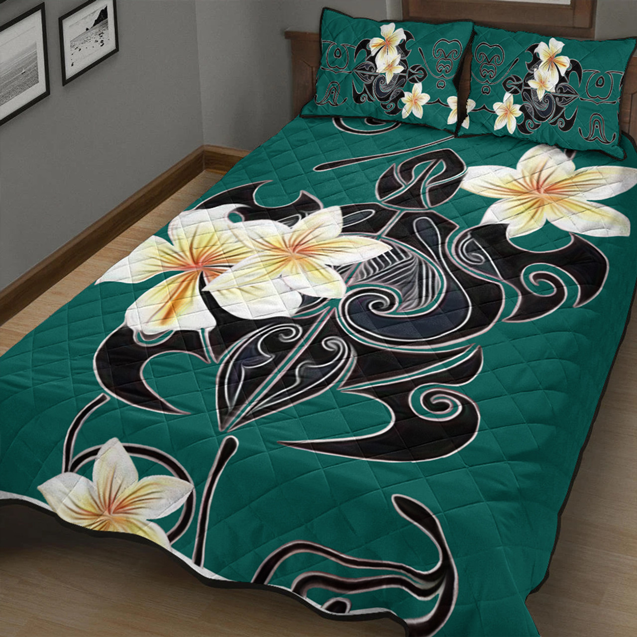 Hawaii Quilt Bed Set Turtle Poly Trinal Plumeria Turquoise