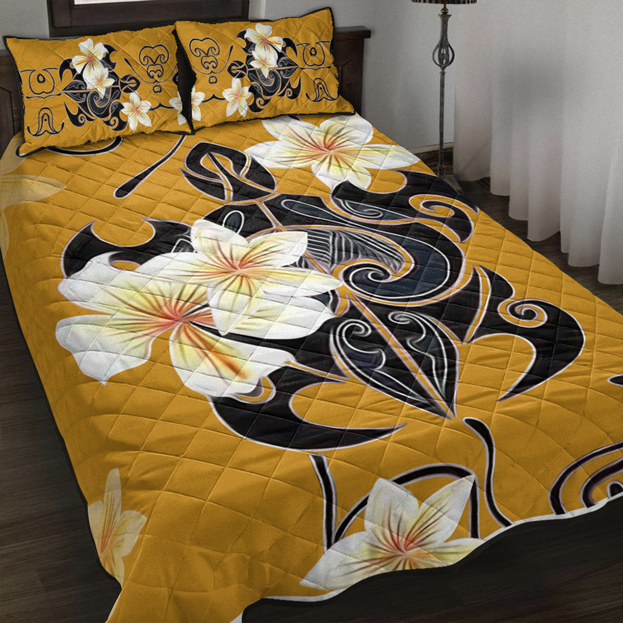 Hawaii Quilt Bed Set Turtle Poly Trinal Plumeria Yellow