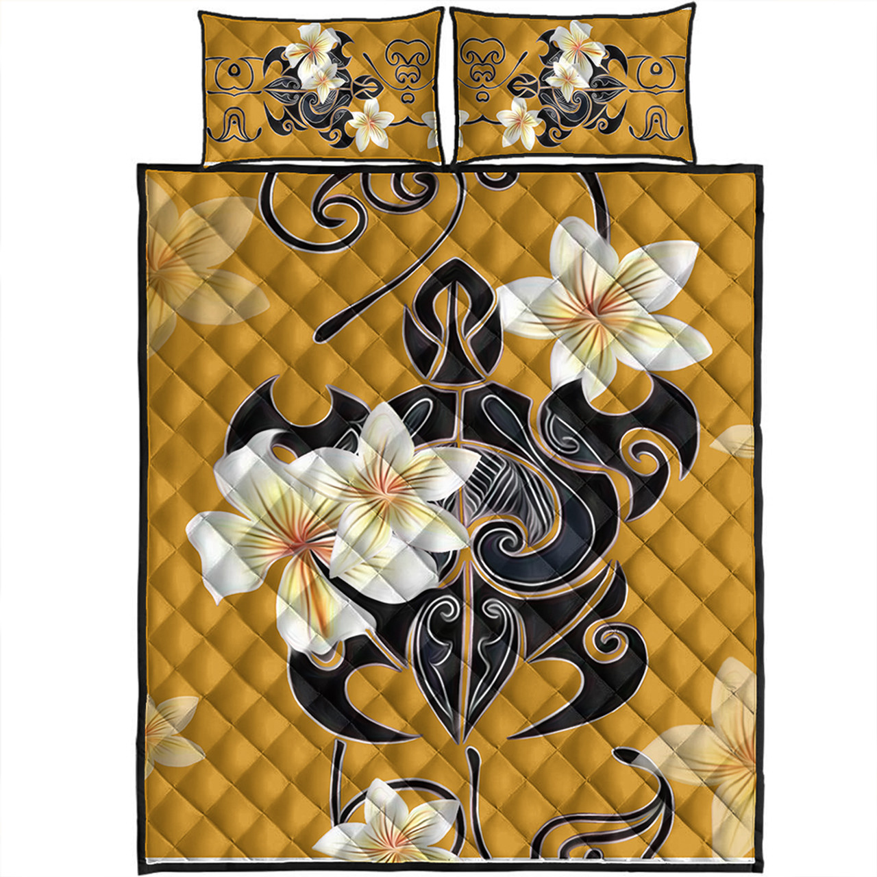 Hawaii Quilt Bed Set Turtle Poly Trinal Plumeria Yellow