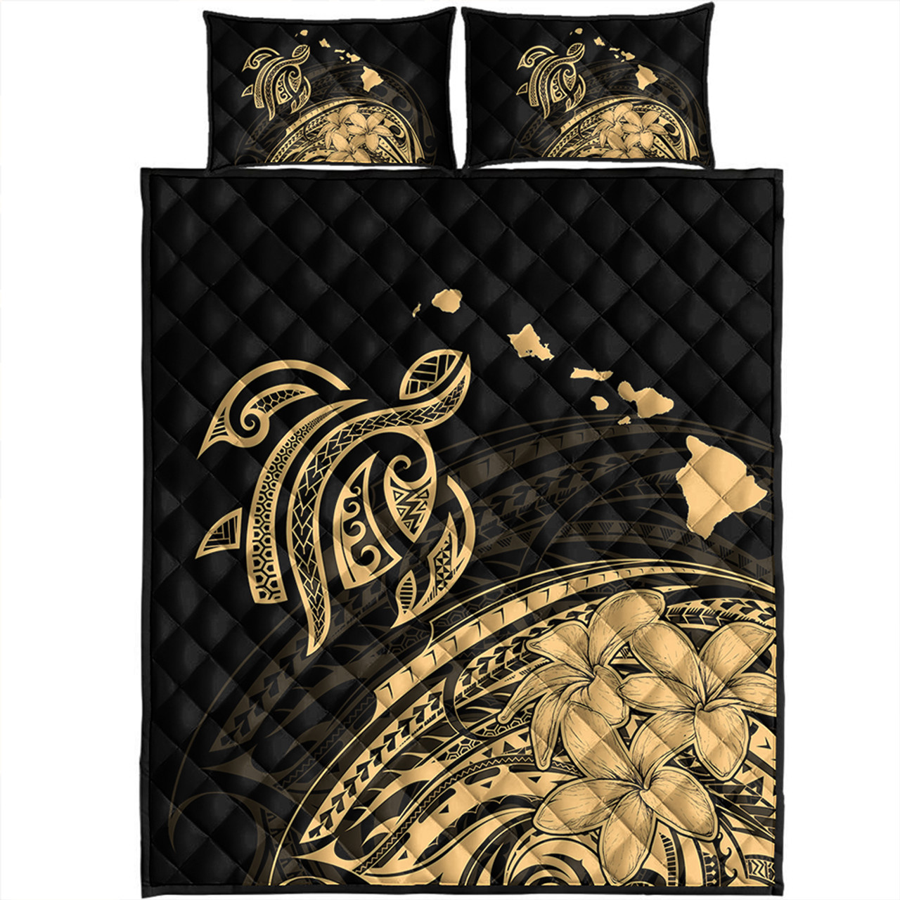 Hawaii Quilt Bed Set Turtle Polynesian Map Plumeria Gold