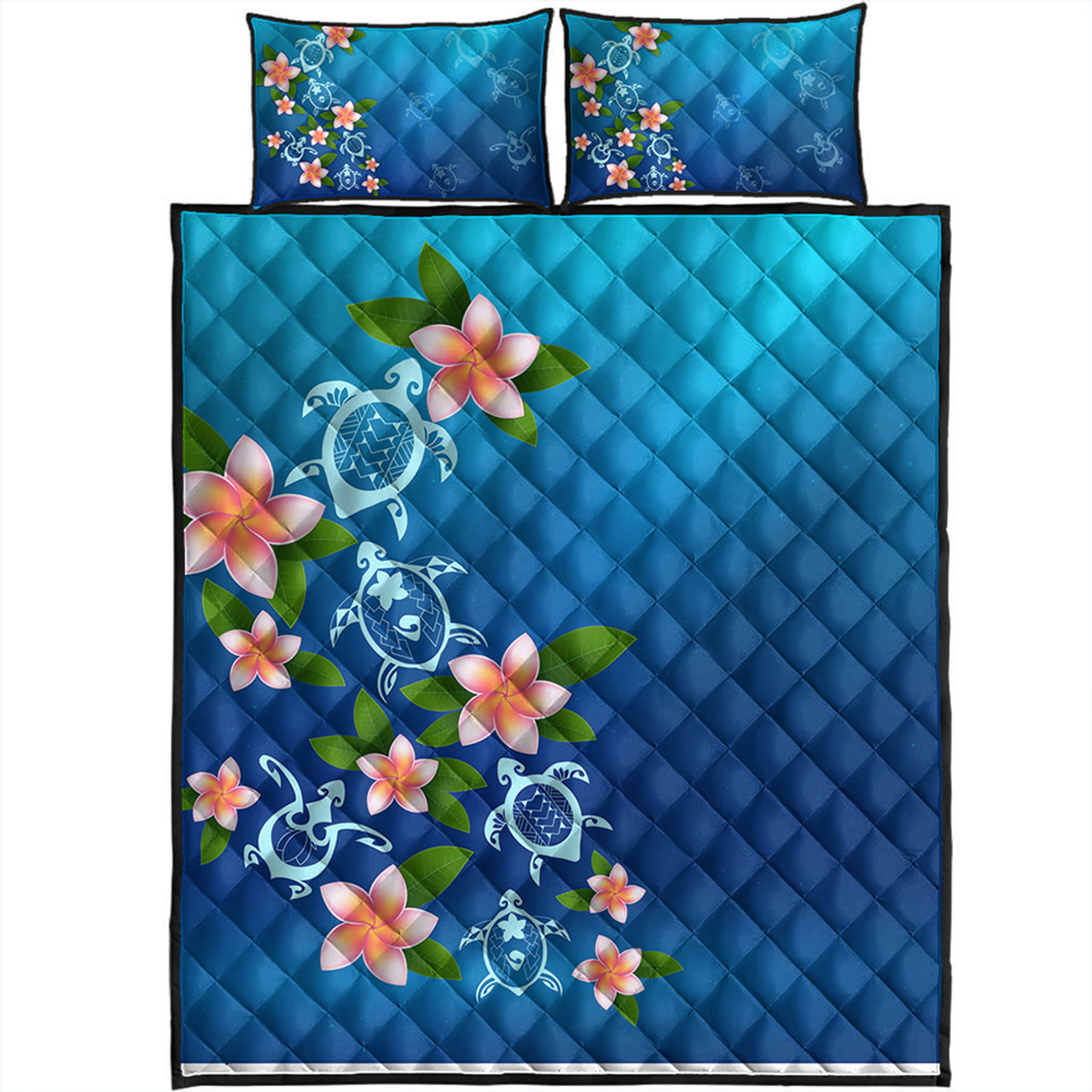 Hawaii Quilt Bed Set Turtle Polynesian Plumeria Ocean