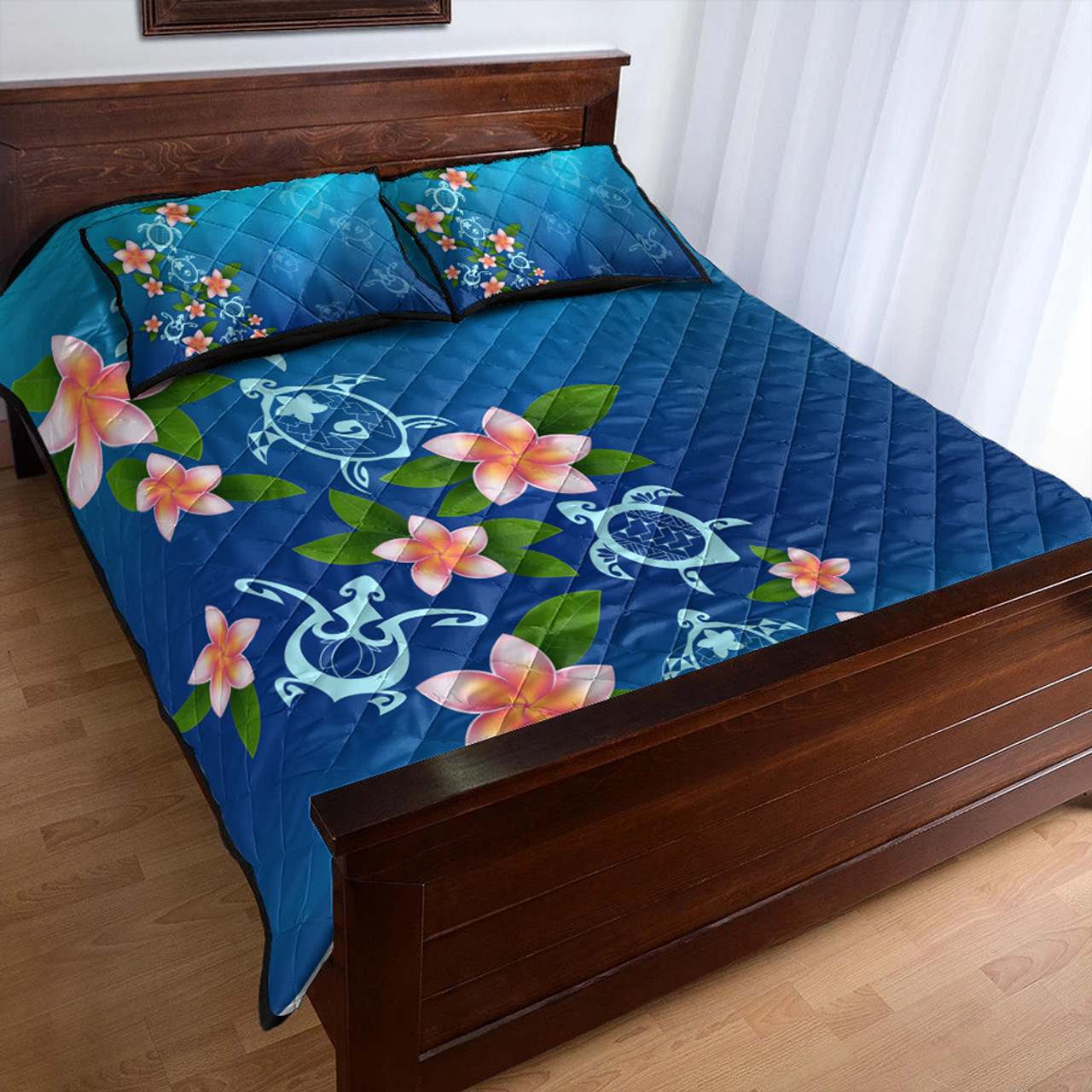 Hawaii Quilt Bed Set Turtle Polynesian Plumeria Ocean