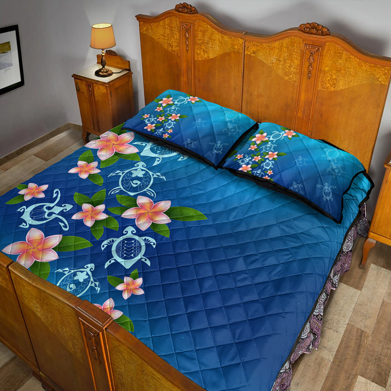 Hawaii Quilt Bed Set Turtle Polynesian Plumeria Ocean