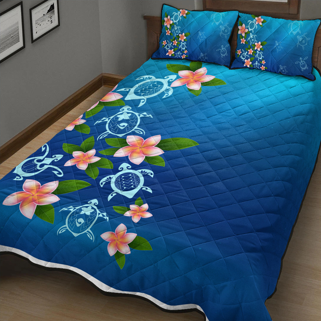 Hawaii Quilt Bed Set Turtle Polynesian Plumeria Ocean