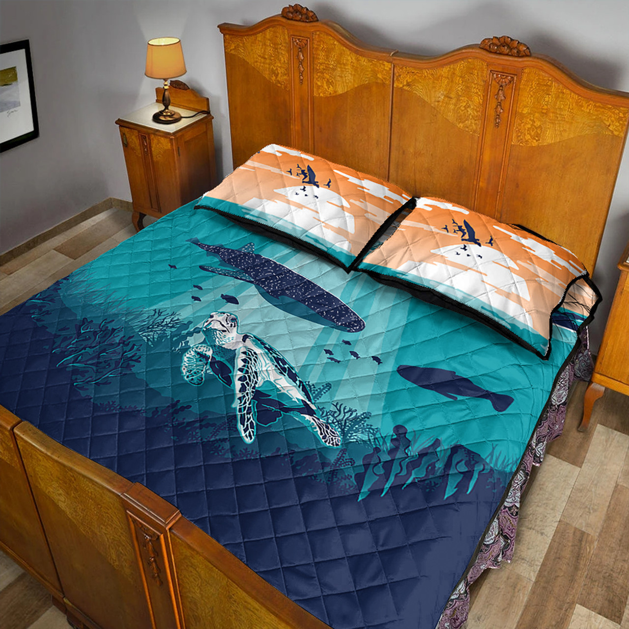 Hawaii Quilt Bed Set Whale And Turtle In Sunset Polynesian