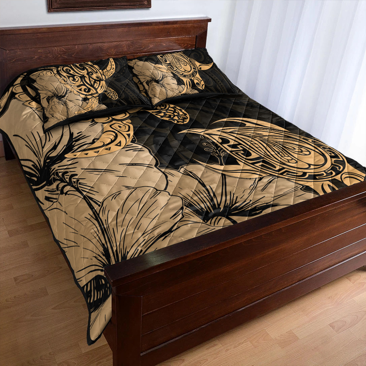 Hawaii Turtle Quilt Bed Set Polynesian Hibiscus Art Gold
