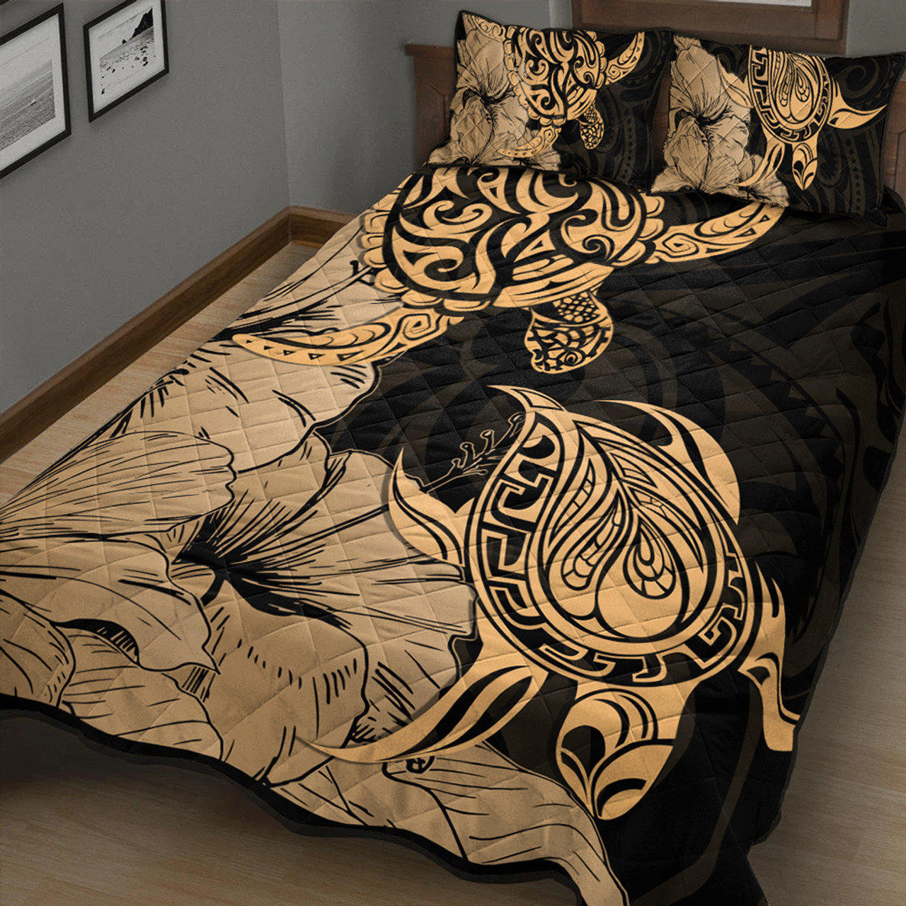 Hawaii Turtle Quilt Bed Set Polynesian Hibiscus Art Gold