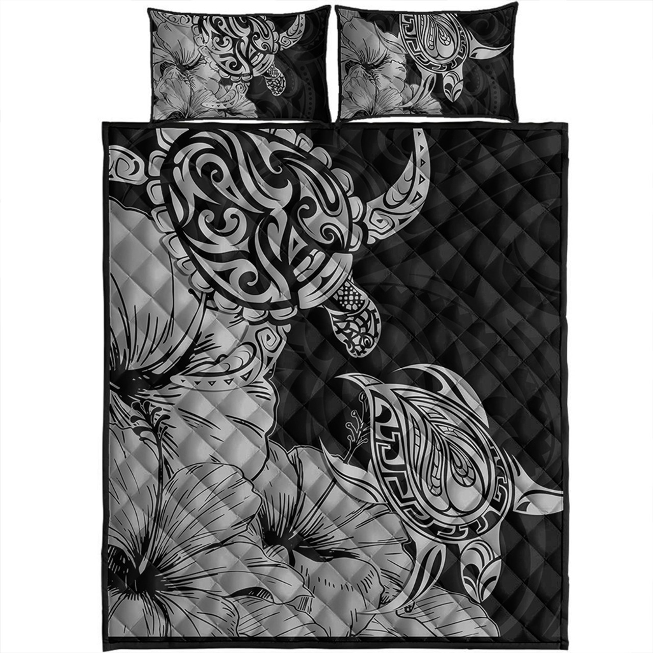 Hawaii Turtle Quilt Bed Set Polynesian Hibiscus Art Gray