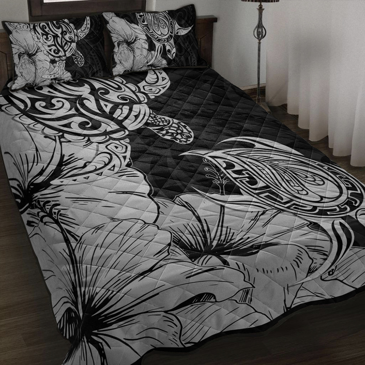 Hawaii Turtle Quilt Bed Set Polynesian Hibiscus Art Gray