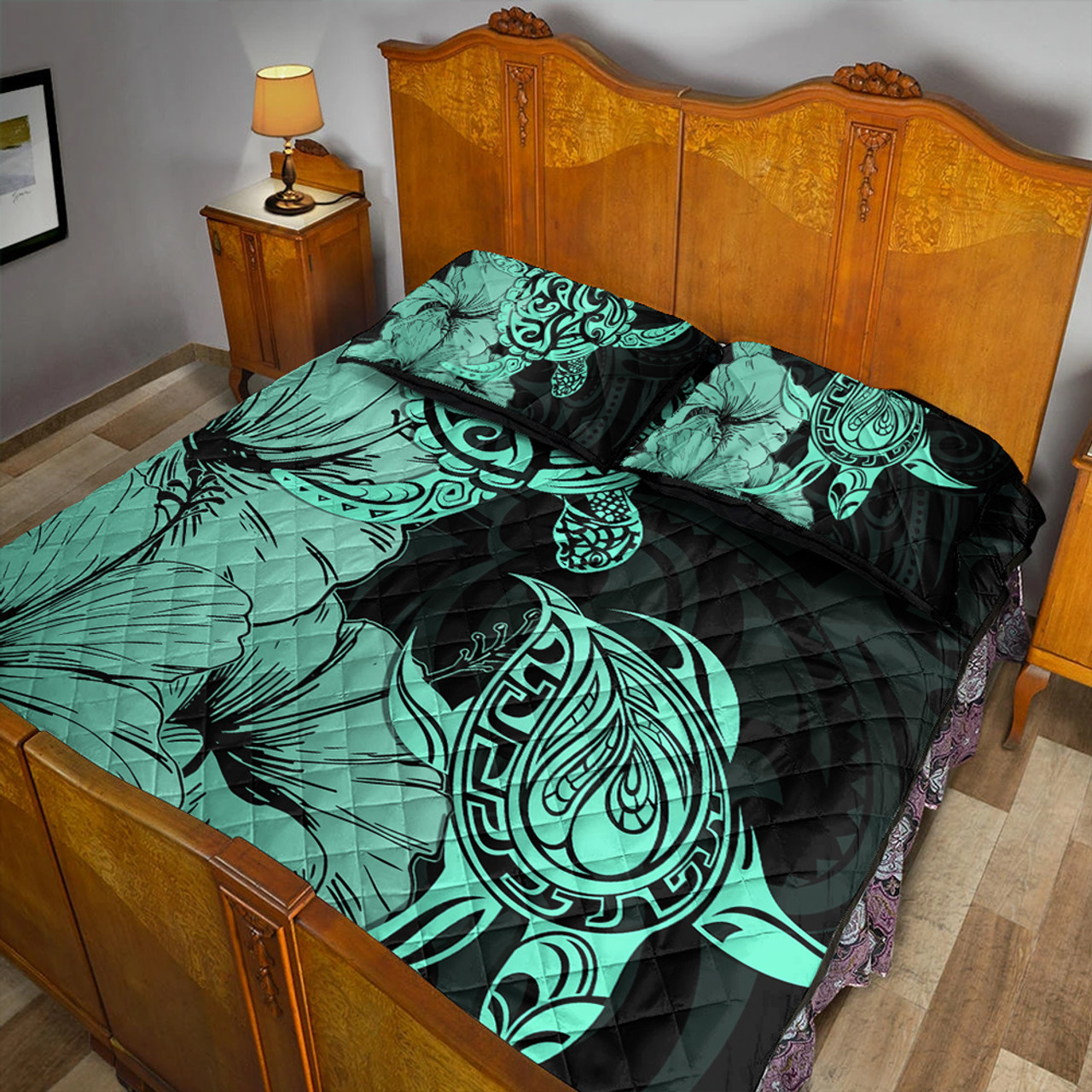 Hawaii Turtle Quilt Bed Set Polynesian Hibiscus Art Turquoise