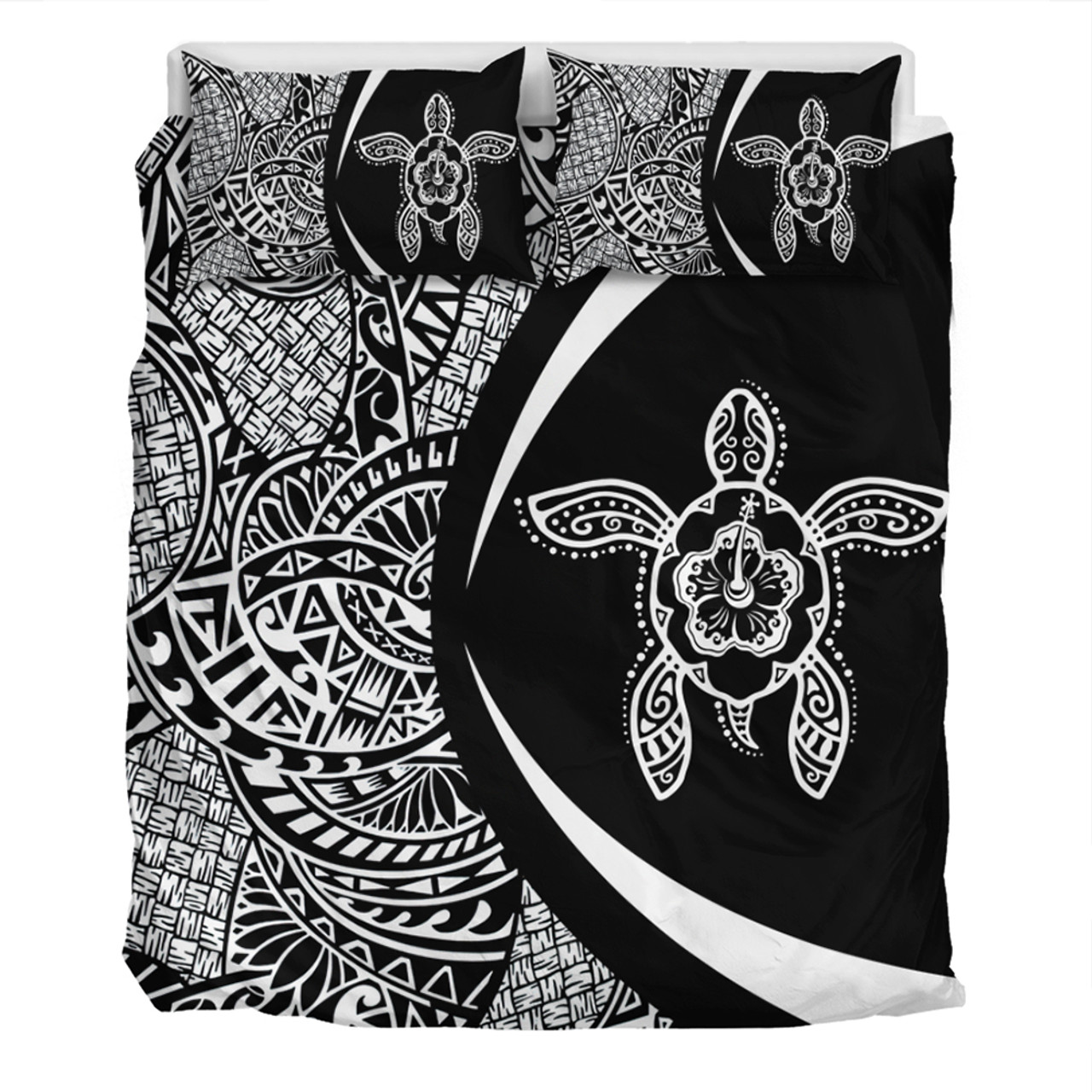 Hawaii Bedding Set Turtle Hibiscus Lauhala Black White Circle