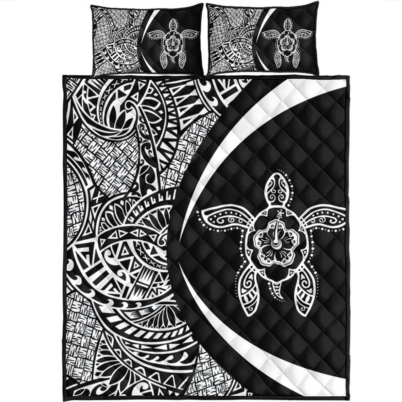 Hawaii Quilt Bed Set Turtle Hibiscus Lauhala Black White Circle