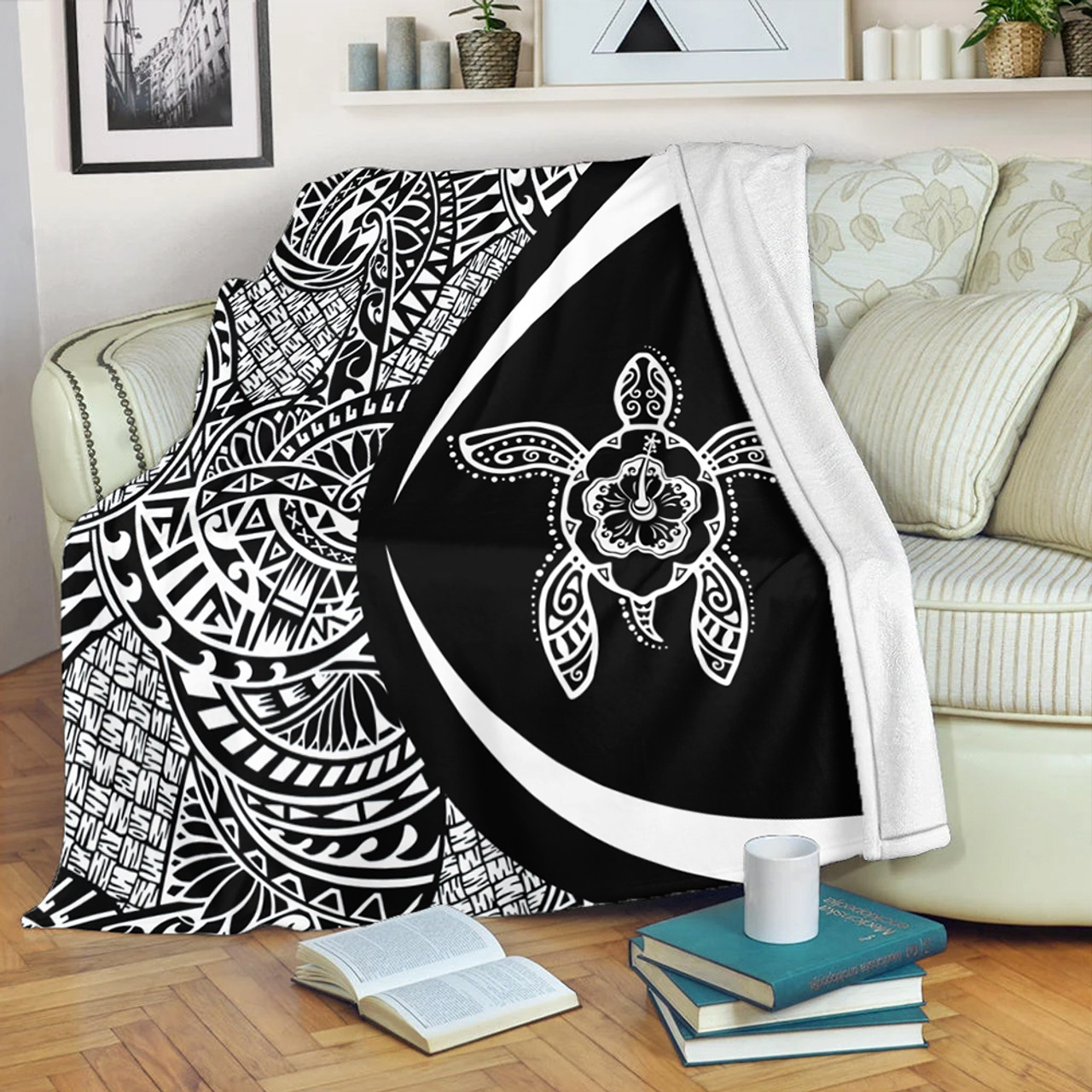 Hawaii Premium Blanket Turtle Hibiscus Lauhala Black White Circle