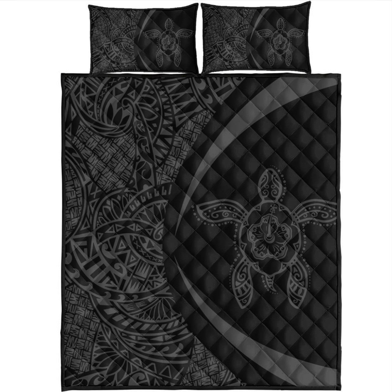 Hawaii Quilt Bed Set Turtle Hibiscus Lauhala Black Gray Circle