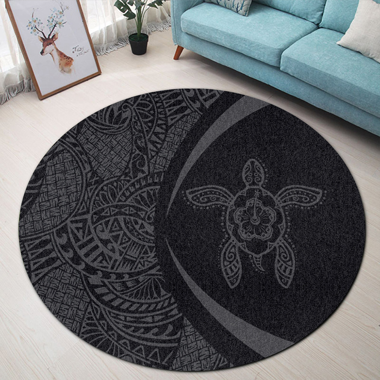 Hawaii Round Rug Turtle Hibiscus Lauhala Black Gray Circle