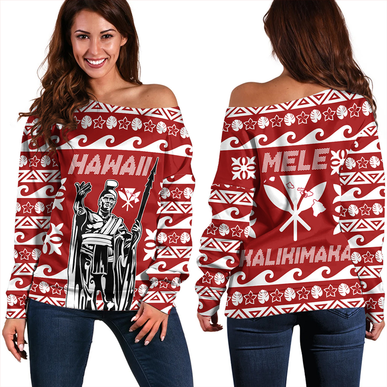 Hawaii Off Shoulder Sweatshirt King Native Hawaiian Kakau Pattern Christmas