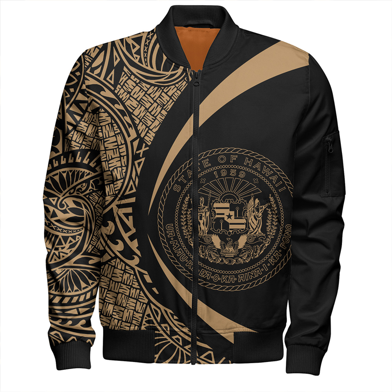 Hawaii Bomber Jacket Coat Of Arm Lauhala Gold Circle