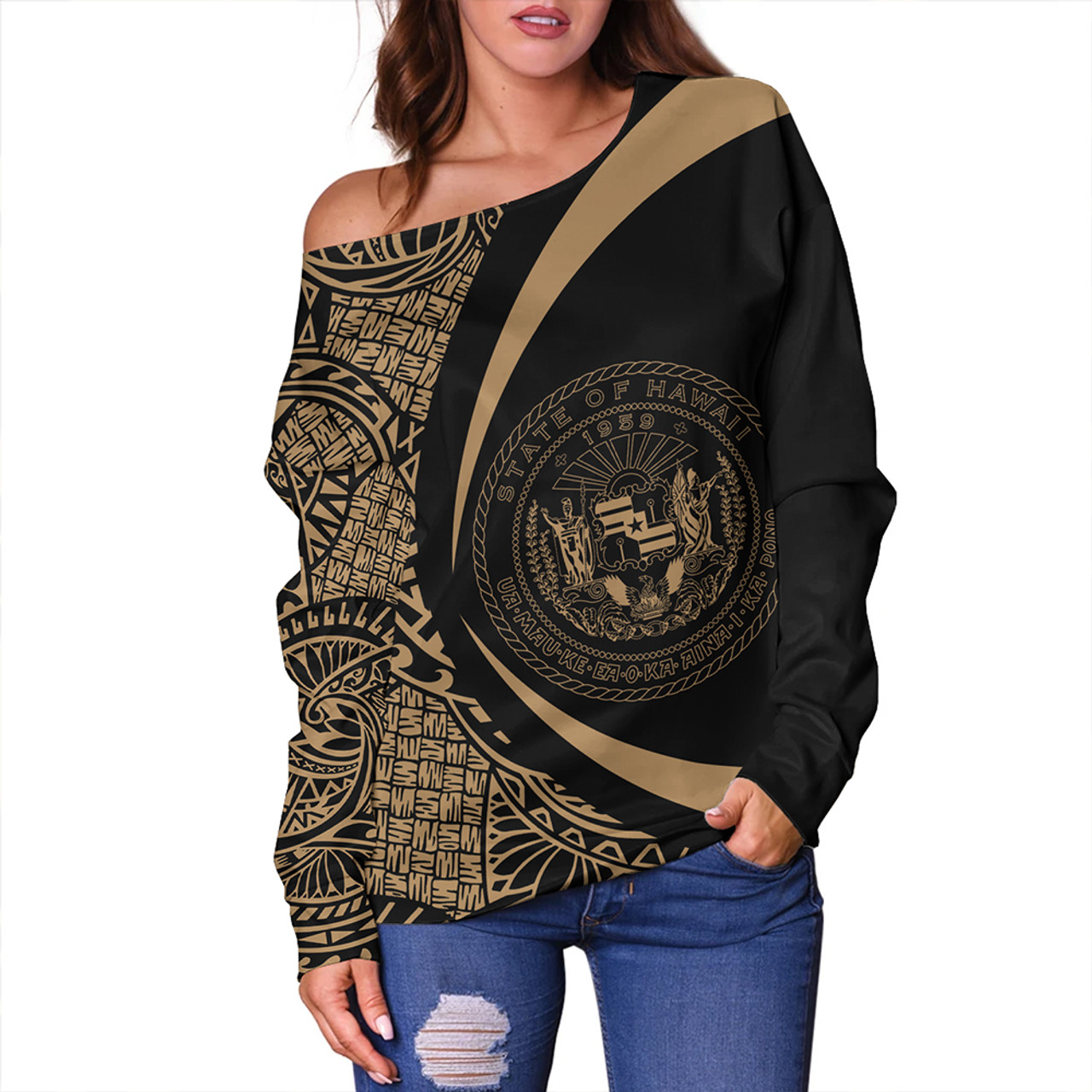 Hawaii Off Shoulder Sweatshirt Coat Of Arm Lauhala Gold Circle